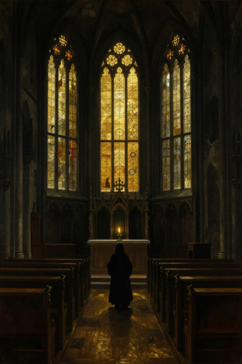 The Church of GTO &mdash; an oil painting of a lone figure in a dark cathedral