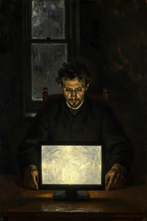 The Downswing &mdash; an oil painting of a man alone in a dark room, lit by the cold glow of a screen