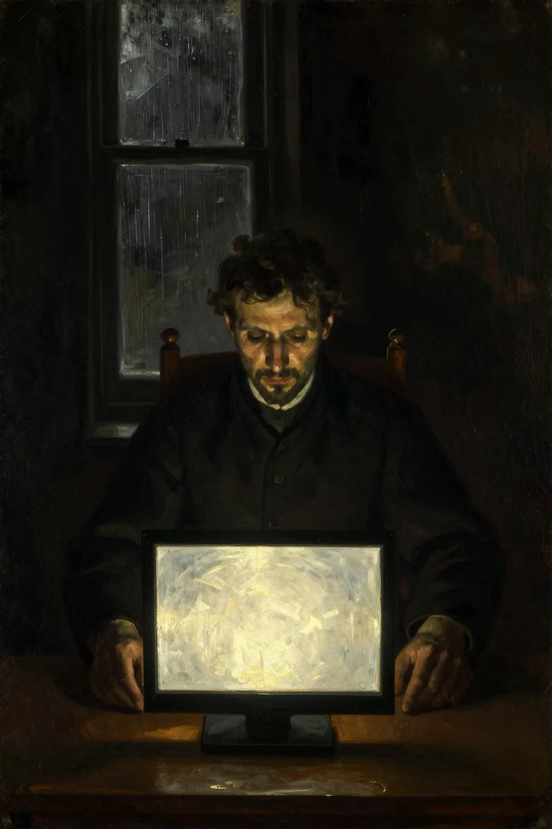 The Downswing &mdash; an oil painting of a man alone in a dark room, lit by the cold glow of a screen