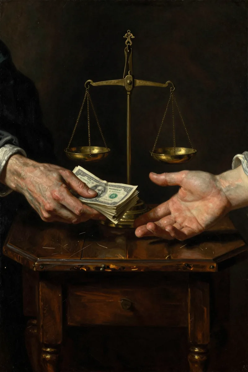 The Laws of Staking &mdash; an oil painting of hands exchanging money over a balance scale