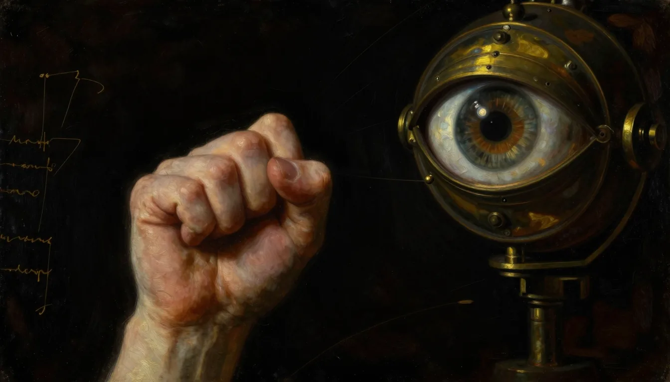 A human fist held before an enormous brass mechanical eye in the dark, thin gold lines drifting between them