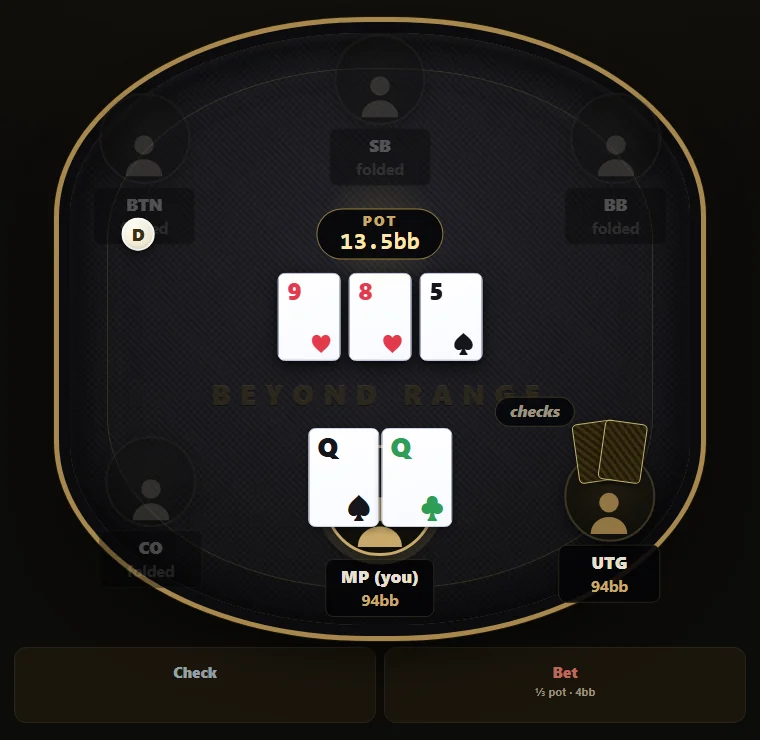 The 6-Max Trainer mid-hand: pocket queens facing a check on 9-8-5, choosing between check and a third-pot bet